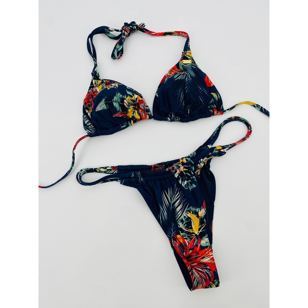 Roxy Bikini Swimsuit Womens M/L Navy Blue Floral Tropical Triangle Side Tie 2pc
